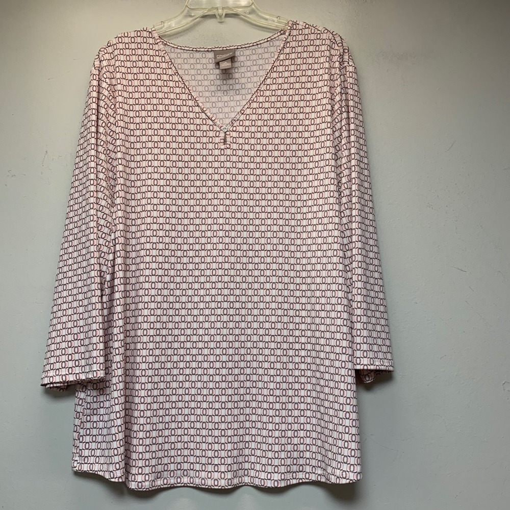 Chico's Tunic Top Womens 4 Pink Geometric V-Neck Long Sleeve Excellent Stretch